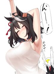 Rule 34 | 2girls, absurdres, ahoge, alternate costume, animal ears, armpits, arms up, black hair, breasts, closed eyes, closed mouth, commentary request, gryebooks, hair between eyes, hair ornament, highres, horse ears, horse girl, kitasan black (umamusume), large breasts, multiple girls, necktie, portrait, simple background, t-head trainer, trainer (umamusume), umamusume, white background