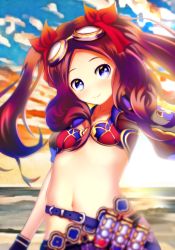 Rule 34 | 1girl, backlighting, beach, belt, bikini, bikini top only, blue eyes, blue shorts, blue sky, blush, breasts, brown gloves, brown hair, capsule, collarbone, fate/grand order, fate (series), fingerless gloves, forehead, gloves, goggles, gradient sky, hair ribbon, highres, jewelry, leonardo da vinci (fate), leonardo da vinci (swimsuit ruler) (fate), long hair, looking at viewer, navel, necklace, orange sky, parted bangs, puffy short sleeves, puffy sleeves, red bikini, red ribbon, ribbon, short shorts, short sleeves, shorts, shrug (clothing), sidelocks, sky, small breasts, smile, solo, sunlight, sunset, suntakuchan, swimsuit, twilight, twintails