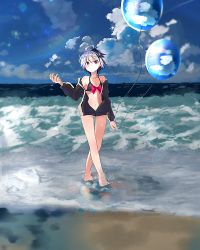 Rule 34 | 1girl, absurdres, ahoge, bad id, bad pixiv id, balloon, barefoot, beach, bikini, black bikini, black jacket, blue sky, bow, bowtie, cloud, cloudy sky, collarbone, commentary, day, expressionless, flower (vocaloid), flower (vocaloid4), full body, hand up, head tilt, highres, holding, holding balloon, jacket, lens flare, looking at viewer, multicolored hair, navel, note55885, ocean, outdoors, purple eyes, purple hair, rainbow, red bow, red bowtie, sky, solo, streaked hair, swimsuit, vocaloid, walking, waves, white hair