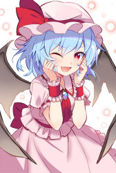 Rule 34 | 1girl, ;d, ascot, bat wings, blue hair, bright pupils, brooch, commentary, danmaku, e.o., hands up, hat, highres, jewelry, looking at viewer, mob cap, one eye closed, open mouth, pink hat, red ascot, remilia scarlet, simple background, smile, solo, touhou, white background, wings, wrist cuffs