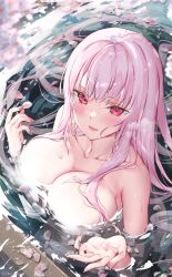 Rule 34 | 1girl, black nails, blurry, blurry foreground, blush, breasts, cherry blossoms, collarbone, from above, highres, hololive, hololive english, kamiya maneki, large breasts, long hair, looking at viewer, looking up, mori calliope, nude, partially submerged, petals, purple eyes, purple hair, solo, virtual youtuber, wet