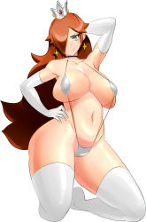 Rule 34 | 1girl, blue eyes, breasts, brown hair, highres, large breasts, looking at viewer, mario (series), nintendo, plump, rosalina, sagging breasts, slingshot swimsuit, super mario bros. 1, swimsuit, thick thighs, thighs, third-party edit