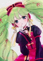 Rule 34 | 1girl, braid, chinese clothes, commentary request, cowboy shot, dress, dutch angle, falulu, green hair, grey background, grey eyes, hair ribbon, hand up, headphones, highres, long hair, long sleeves, looking at viewer, machiko (milk maciko), parted lips, pretty series, pripara, puffy sleeves, red dress, red ribbon, ribbon, sidelocks, simple background, solo, standing, twintails, very long hair, wide sleeves, yellow ribbon