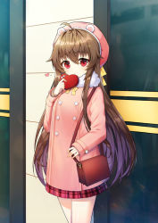 Rule 34 | 1girl, ahoge, animal ears, bad id, bad pixiv id, bag, bear ears, beret, blush, bow, box, brown hair, buttons, closed mouth, coat, commentary, double-breasted, fake animal ears, fur-trimmed coat, fur trim, gift, gift box, hair between eyes, hair ornament, hairband, hairclip, hand up, hat, heart, heart-shaped box, holding, holding gift, long hair, long sleeves, original, outdoors, pink coat, pink headwear, plaid, plaid skirt, red eyes, red skirt, shoulder bag, skirt, sleeves past wrists, solo, standing, symbol-only commentary, tp (kido 94), very long hair, white hairband, window, yellow bow