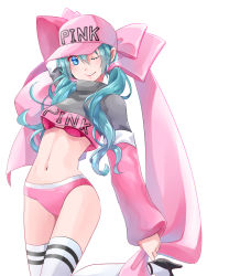 Rule 34 | 1girl, aira (exp), aqua hair, arm up, baseball cap, bikini, bikini bottom only, blue eyes, bow, clothes writing, commentary, cowboy shot, crop top, grey sweater, hair bow, hair ornament, hat, hatsune miku, high heels, highres, large bow, leg up, long hair, looking at viewer, midriff, navel, one eye closed, pink bikini, pink bow, pink hat, pink sleeves, smile, solo, sweater, swimsuit, thighhighs, twintails, vocaloid, white background, white thighhighs
