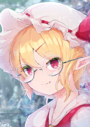 Rule 34 | 1girl, bespectacled, blonde hair, blurry, blurry background, blush, bright pupils, close-up, closed mouth, commentary request, double-parted bangs, eyelashes, fang, flandre scarlet, glasses, hair between eyes, hair ornament, hairclip, hat, highres, kabochamaronpie, light smile, looking at viewer, mob cap, pointy ears, red eyes, round eyewear, short hair, skin fang, slit pupils, solo, split mouth, touhou, twitter username, white headwear