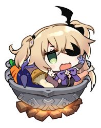 Rule 34 | 1girl, :d, black dress, blonde hair, brown sleeves, carrot, chibi, chicken (food), chicken leg, commentary request, detached sleeves, dress, eyepatch, fire, fischl (genshin impact), genshin impact, gloves, green eyes, hair ornament, hair over one eye, hands up, in container, in pot, korean commentary, kutata, long hair, long sleeves, looking at viewer, mushroom, open mouth, pot, purple gloves, simple background, single glove, smile, solo, two side up, w, white background