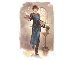 Rule 34 | 1boy, ahoge, apron, arm up, belt, bishounen, black footwear, black pants, blue apron, brown hair, cafe, coffee cup, cup, curtains, denim, disposable cup, downscaled, dress shoes, full body, granblue fantasy, hair between eyes, holding, holding tray, light smile, looking at viewer, male focus, menu, minaba hideo, official alternate costume, official art, pants, plant, potted plant, red eyes, resized, sandalphon (granblue fantasy), shirt, steam, striped clothes, striped shirt, table, tray, walking, window
