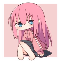 Rule 34 | 1girl, ass, barefoot, black skirt, blue eyes, blush, bocchi the rock!, breasts, closed mouth, cube hair ornament, full body, gotoh hitori, hair between eyes, hair ornament, hana kazari, highres, jacket, long hair, long sleeves, looking at viewer, one side up, pink hair, pink jacket, pleated skirt, skirt, small breasts, solo, track jacket, two-tone background