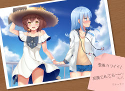 Rule 34 | 2girls, blue hair, blue shorts, blue sky, blunt bangs, brown eyes, brown hair, cloud, collarbone, commentary request, day, dress, hat, hatsukaze (kancolle), highres, hime cut, hood, hood down, hoodie, kantai collection, long hair, long sleeves, looking at viewer, looking away, multiple girls, open clothes, open hoodie, photo (object), piyobomu, shirt, short hair, shorts, sky, smile, speaking tube headset, straw hat, sun hat, sundress, translation request, white dress, white hoodie, yellow shirt, yukikaze (kancolle)
