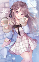 Rule 34 | 1girl, :d, bag, black ribbon, blue coat, blush, branch, brick wall, brown hair, coat, collarbone, cup, day, fur-trimmed coat, fur trim, handbag, high-waist skirt, highres, holding, holding cup, light particles, long hair, long sleeves, looking at viewer, neck ribbon, open clothes, open coat, open mouth, original, outdoors, plaid, plaid skirt, purple eyes, reflection, reflective wall, ribbon, shirt, sidelocks, skirt, smile, snowflakes, solo, swept bangs, white shirt, window, yugirlpict
