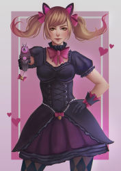 Rule 34 | 1girl, absurdres, aiming, aiming at viewer, animal ears, argyle, argyle clothes, argyle legwear, black cat d.va, black dress, black gloves, blonde hair, bow, breasts, cat ears, charm (object), corset, d.va (overwatch), detached collar, dress, gloves, gun, hand on own hip, handgun, heart, highres, lips, lolita fashion, looking at viewer, medium breasts, official alternate costume, overwatch, overwatch 1, pantyhose, pink bow, pistol, puffy short sleeves, puffy sleeves, shiro-hane, short sleeves, solo, twintails, weapon