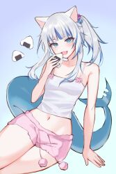 Rule 34 | 1girl, animal ears, arm support, armpit crease, bare arms, bare shoulders, blue eyes, blue hair, cat ears, collarbone, crop top, cube hair ornament, drawstring, evangellium, fins, fish tail, food, gawr gura, gradient background, grey hair, hair ornament, hand up, highres, holding, holding food, hololive, hololive english, light blush, looking at viewer, midriff, multicolored hair, navel, onigiri, open mouth, pink shorts, ponytail, shark girl, shark tail, sharp teeth, short shorts, shorts, sidelocks, sitting, solo, spaghetti strap, streaked hair, tail, teeth, thighs, virtual youtuber