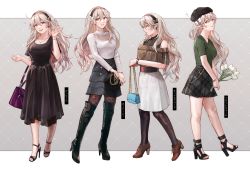 Rule 34 | 1girl, absurdres, alternate costume, bag, beret, black dress, blouse, blush, boots, bracelet, breasts, collarbone, corrin (female) (fire emblem), corrin (fire emblem), dress, fire emblem, fire emblem fates, flower, full body, hair ornament, hairband, hand up, handbag, hat, high heels, highres, holding, jewelry, long hair, looking at viewer, medium breasts, multiple views, necklace, nintendo, open mouth, pantyhose, parted lips, pleated skirt, pointy ears, red eyes, shirt, shoes, short sleeves, simple background, skirt, smile, sobasakuhin, solo, standing, thigh boots, toeless footwear, watch, white hair, wristwatch