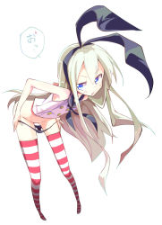 Rule 34 | 10s, 1girl, blonde hair, blue eyes, gloves, hairband, kantai collection, kuroneko no toorimichi, long hair, panties, panty pull, ribbon, sailor collar, shimakaze (kancolle), solo, striped clothes, striped thighhighs, thighhighs, underwear