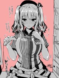 Rule 34 | 10s, 1girl, alternate costume, barcode scanner, beret, blush, box, breasts, clerk, dated, employee uniform, eyebrows, hat, huge breasts, kantai collection, kashima (kancolle), kojima saya, large breasts, lawson, monochrome, motion lines, open mouth, pink background, short sleeves, simple background, solo, twintails, uniform
