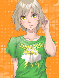 Rule 34 | 10s, 1girl, adjusting hair, alternate costume, arm behind back, blonde hair, blush, casual, clothes writing, cloud, hand in own hair, head tilt, highres, huang baoling, lightning, lips, pomodorosa, shirt, short hair, sketch, solo, t-shirt, tiger &amp; bunny, yellow eyes