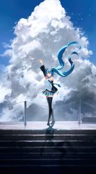 Rule 34 | 1girl, absurdres, aqua hair, aqua nails, arm up, black skirt, black thighhighs, blue necktie, blue sky, body writing, boots, breasts, chain, closed eyes, cloud, cloudy sky, collared shirt, commentary, day, detached sleeves, dress shirt, eyelashes, floating hair, full body, grin, hatsune miku, highres, hoojiro, long hair, looking at viewer, medium breasts, miniskirt, nail polish, necktie, outdoors, pleated skirt, shadow, shirt, skirt, sky, sleeveless, sleeveless shirt, smile, solo, stairs, standing, thigh boots, thighhighs, thighs, twintails, vocaloid, waving, white shirt, wind, zettai ryouiki