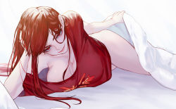 Rule 34 | 1girl, blanket, bottomless, breasts, commentary request, downblouse, elbow rest, fate/grand order, fate (series), hand on head, large breasts, lifting covers, long hair, looking at viewer, lying, march ab, no bra, no pants, oda nobunaga (fate), oda nobunaga (maou avenger) (fate), on side, pillow, red eyes, red hair, shirt, smile, solo, t-shirt, upper body