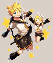 Rule 34 | 1boy, 1girl, :d, ;d, ^ ^, bare legs, bass clef, belt, blonde hair, blue eyes, brother and sister, closed eyes, detached sleeves, closed eyes, fingernails, full body, grey background, hair ribbon, headset, instrument, kagamine len, kagamine rin, keyboard (instrument), leg up, looking at viewer, musical note, nail polish, navel, one eye closed, open mouth, outstretched arms, ribbon, sailor collar, shimada71 72, shirt, short hair, shorts, siblings, simple background, smile, star (symbol), starry background, thighs, twins, v, vocaloid, white ribbon, white shirt, yellow nails, yellow ribbon