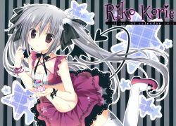 Rule 34 | 1girl, :o, absurdres, black bow, black bowtie, blueberry, blush, bow, bowtie, criss-cross halter, cupcake, demon tail, detached collar, food, fruit, grey hair, halterneck, high heels, highres, huge filesize, korie riko, midriff, navel, parted lips, pom pom (clothes), pumps, purple eyes, ribbon, simple background, skirt, solo, star (symbol), strawberry, striped, striped background, tail, tank top, thighhighs, twintails, white thighhighs