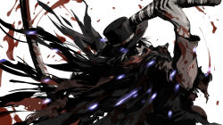 Rule 34 | 1boy, blood, blood on clothes, blood splatter, bloodborne, cloak, gehrman the first hunter, hat, highres, red scarf, ruukii drift, scarf, scythe, shaded face, spoilers, top hat, white background, white eyes, white hair