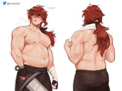 Rule 34 | 1boy, abs, alternate muscle size, ass, bara, belly, blush, diluc (genshin impact), english text, genshin impact, highres, holding, holding sword, holding weapon, large pectorals, long hair, looking up, male focus, multiple views, muscular, muscular male, navel, nipples, pectorals, ponytail, red hair, stomach, sweat, sweatdrop, sword, thick eyebrows, topless male, varant art, veins, veiny arms, weapon, white background