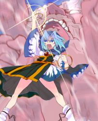 Rule 34 | 1boy, 1girl, arm up, blue eyes, blue hair, clenched hands, dress, highres, hood, jewelry, kesa, kumoi ichirin, kumonji aruto, necklace, open mouth, pendant, raised fist, ring, shouting, teeth, touhou, unzan