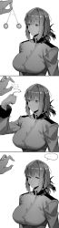 Rule 34 | ..., 1girl, 1other, absurdres, breasts, comic, failure, fate/grand order, fate (series), florence nightingale (fate), gloves, grabbing, greyscale, highres, hxd, hypnosis, large breasts, long hair, long sleeves, looking at viewer, mind control, monochrome, spoken ellipsis, sweat, you gonna get raped