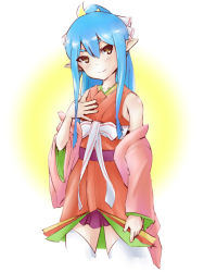 Rule 34 | &gt;:&gt;, 1girl, :&gt;, bare shoulders, blue hair, cropped legs, hand on own chest, japanese clothes, kaguya (sennen sensou aigis), long hair, noukou, pointy ears, sennen sensou aigis, solo, thighhighs, v-shaped eyebrows, white background, white thighhighs, yellow eyes, zettai ryouiki