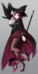 Rule 34 | 1girl, animal, animal on hand, bird, black cape, black footwear, black hat, black pantyhose, boots, cape, crow, dalrye v3, danganronpa (series), danganronpa v3: killing harmony, full body, gem, grey background, hair ornament, hairclip, hat, highres, holding, holding staff, jacket, long sleeves, looking at viewer, pantyhose, pleated skirt, red cape, red eyes, red hair, red skirt, school uniform, short hair, simple background, skirt, smile, solo, staff, witch hat, yumeno himiko