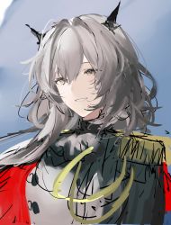 Rule 34 | 1girl, arknights, black shirt, blue background, cape, clenched teeth, dragon horns, epaulettes, grey eyes, grey shirt, hair between eyes, hair intakes, highres, horns, joshua (shisanli934), long hair, looking at viewer, official alternate costume, parted lips, red cape, shirt, simple background, sketch, smile, solo, talulah (arknights), talulah the fighter (arknights), teeth, two-tone shirt, upper body