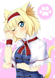 Rule 34 | 1girl, alice margatroid, animal ears, blonde hair, blue eyes, breast hold, breasts, capelet, cat ears, cat girl, cat tail, female focus, hairband, head tilt, kemonomimi mode, md5 mismatch, nitoro-star, one eye closed, paw pose, paw print, short hair, smile, solo, speech bubble, tail, touhou
