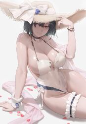 1girl absurdres arm_support bare_shoulders black_choker black_hair bow bracelet breasts bridal_garter brown_eyes choker closed_mouth commentary covered_navel free_style_(yohan1754) halterneck hand_on_headwear hat hat_bow highres jewelry large_breasts looking_at_viewer one-piece_swimsuit original pink_shawl shawl short_hair simple_background sitting smile solo straw_hat swimsuit symbol-only_commentary white_bow white_one-piece_swimsuit