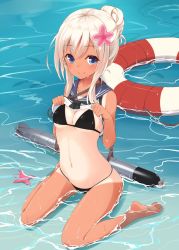 Rule 34 | 10s, 1girl, alternate costume, alternate hairstyle, bad id, bad twitter id, barefoot, beach, bikini, bikini under clothes, black bikini, blonde hair, blue eyes, blush, breasts, cleavage, clothes lift, crop top, feet, flower, full body, hair flower, hair ornament, highres, kantai collection, lifebuoy, long hair, looking at viewer, navel, one-piece tan, outdoors, partially submerged, ro-500 (kancolle), sailor collar, school uniform, serafuku, shirt lift, sitting, small breasts, smile, soles, solo, swim ring, swimsuit, swimsuit under clothes, takehana note, tan, tanline, toes, torpedo, wariza, water, wet