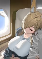 Rule 34 | 1girl, 1other, absurdres, airplane interior, animal ear fluff, animal ears, black jacket, blonde hair, blue archive, breasts, closed eyes, closed mouth, commentary, espresso 1004, hair over one eye, highres, jacket, kanna (blue archive), large breasts, long hair, long sleeves, shirt, sitting, sleeping, symbol-only commentary, white shirt, window