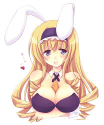 Rule 34 | 10s, 1girl, animal ears, bare shoulders, between breasts, blonde hair, blue eyes, blush, breast lift, breasts, carrot, cecilia alcott, cleavage, crossed arms, detached collar, fake animal ears, hairband, heart, infinite stratos, large breasts, long hair, miyata (miyatami07), open mouth, playboy bunny, rabbit ears, solo, white background, wrist cuffs
