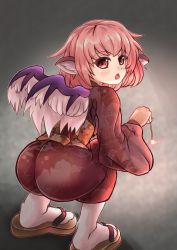 Rule 34 | 1girl, animal ears, artist request, ass, blush, geta, japanese clothes, kimono, mystia lorelei, open mouth, pink hair, red eyes, short hair, solo, sparkler, tabi, tight clothes, touhou, wings