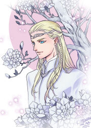 Rule 34 | 1boy, blonde hair, blue eyes, circlet, closed mouth, dated, flower, highres, jacket, kazuki-mendou, legolas, male focus, signature, solo, the lord of the rings, tolkien&#039;s legendarium, tolkien's legendarium, tree, upper body, white flower, white jacket