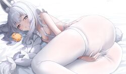 Rule 34 | 1girl, absurdres, animal ears, ass, azur lane, bare arms, bare shoulders, between legs, blue eyes, blush, braid, braided ponytail, breasts, hand between legs, highres, jeze, le malin (azur lane), le malin (listless lapin) (azur lane), leotard, long hair, looking at viewer, lying, manjuu (azur lane), official alternate costume, on side, pantyhose, parted lips, playboy bunny, rabbit ears, rabbit tail, small breasts, tail, thigh strap, thighs, white hair, white pantyhose