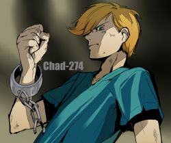 Rule 34 | 1boy, blonde hair, broken, broken chain, chad dickson, chain, character name, clenched hand, codename: kids next door, cuffs, from below, glowing, glowing eyes, green eyes, looking at viewer, looking down, male focus, shackles, solo, t k g
