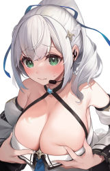 Rule 34 | 1girl, armpits, bare shoulders, blush, braid, breasts, cleavage, covered collarbone, criss-cross halter, detached sleeves, dokkumaa, dress, embarrassed, grabbing own breast, green eyes, grey hair, hair ornament, halterneck, hands on own chest, highres, hololive, large breasts, long hair, looking at viewer, low neckline, microphone, off-shoulder dress, off shoulder, open mouth, shirogane noel, shirogane noel (5th costume), simple background, solo, sweatdrop, upper body, virtual youtuber, white background, white dress