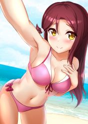Rule 34 | 1girl, arm up, armpits, bare shoulders, beach, bikini, blush, breasts, cleavage, closed mouth, cloud, cloudy sky, collarbone, cowboy shot, day, front-tie bikini top, front-tie top, gluteal fold, hair ornament, hairclip, hand on own chest, highres, horizon, kibihimi, leaning forward, long hair, looking at viewer, love live!, love live! sunshine!!, medium breasts, navel, ocean, outdoors, outstretched arm, pink bikini, pink ribbon, purple hair, ribbon, sakurauchi riko, selfie, side-tie bikini bottom, skindentation, sky, smile, solo, stomach, swimsuit, water, yellow eyes