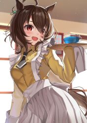 Rule 34 | 1girl, absurdres, agnes tachyon (umamusume), ahoge, alternate costume, animal ears, apron, black necktie, blue liquid, blurry, blurry background, breasts, brown hair, chemical structure, collared shirt, earrings, enmaided, eyes visible through hair, frilled apron, frills, highres, holding, holding tray, horse ears, horse girl, horse tail, jewelry, maid, medium breasts, medium hair, necktie, open mouth, piyokuma, red eyes, shirt, short hair, short necktie, single earring, sleeves past fingers, sleeves past wrists, solo, tail, tray, umamusume, waist apron, white apron, yellow shirt