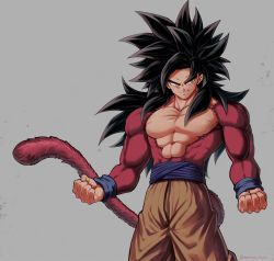 Rule 34 | 1boy, abs, arms at sides, baggy pants, black hair, body fur, clenched hands, dragon ball, dragon ball gt, dust, fingernails, frown, grey background, highres, light particles, long hair, looking to the side, male focus, manly, mattari illust, monkey, monkey tail, no nipples, pants, pectorals, simple background, smile, solo, son goku, spiked hair, standing, super saiyan, super saiyan 4, tail, twitter username, upper body, wristband, yellow eyes, yellow pants