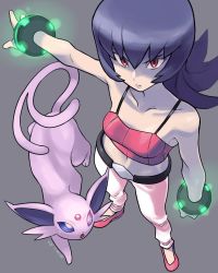 Rule 34 | 1girl, arm up, artist name, bare shoulders, belt, breasts, closed mouth, collarbone, creatures (company), crop top, donnpati, espeon, female focus, from above, full body, game freak, gen 2 pokemon, glowing, grey background, gym leader, halterneck, highres, looking at viewer, midriff, multiple tails, navel, nintendo, outstretched arm, pants, pokemon, pokemon (creature), pokemon hgss, purple hair, red eyes, red footwear, red shirt, sabrina (pokemon), shirt, shoes, signature, simple background, sleeveless, sleeveless shirt, spaghetti strap, standing, tail, twitter username, two tails, white pants