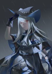 Rule 34 | 1girl, arknights, black gloves, gloves, grey hair, hair between eyes, hat, jango (winecrow), long hair, looking at viewer, low-tied long hair, pointy hat, rain, red eyes, skadi (arknights), solo, very long hair, white hair