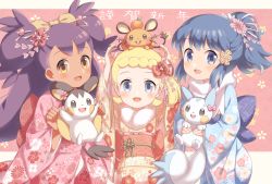 Rule 34 | 3girls, :d, alternate costume, blonde hair, blue eyes, blue hair, blue kimono, blush, bonnie (pokemon), commentary request, creatures (company), dark-skinned female, dark skin, dawn (pokemon), dedenne, emolga, eyelashes, floral print, game freak, gen 4 pokemon, gen 5 pokemon, gen 6 pokemon, hair ornament, highres, holding, holding pokemon, iris (pokemon), japanese clothes, kimono, long hair, long sleeves, looking at viewer, multiple girls, nintendo, on head, open mouth, pachirisu, pink kimono, pokemon, pokemon (anime), pokemon (creature), pokemon bw (anime), pokemon dppt (anime), pokemon on head, pokemon xy (anime), porocha, purple hair, sash, scarf, smile, tongue, white scarf, wide sleeves, yellow eyes, yellow kimono