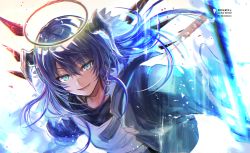 Rule 34 | 1girl, arknights, blue eyes, blue hair, blue light, eyebrows hidden by hair, gloves, hair between eyes, halo, highres, horns, jacket, light, long hair, looking at viewer, mostima (arknights), nuu (liebe sk), open mouth, shirt, simple background, smile, solo, upper body, white background