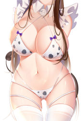 Rule 34 | 1girl, against glass, animal print, arms behind back, azur lane, bare shoulders, bikini, breast press, breasts, breasts on glass, brown hair, cameltoe, cleavage, collarbone, commentary request, cow print, cow tail, cowboy shot, detached collar, frilled sleeves, frills, gluteal fold, halterneck, head out of frame, highres, huge breasts, kashino (azur lane), long hair, miaogujun, midriff, multi-strapped bikini, navel, simple background, skindentation, solo, standing, swimsuit, tail, thighhighs, white background, white bikini, white thighhighs